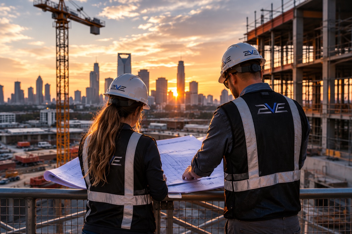 2VE Technical Solutions team reviewing plans above a city construction site