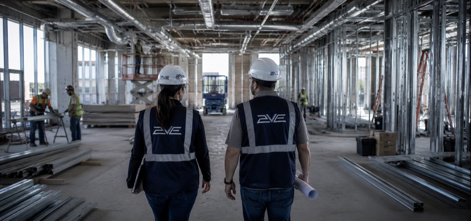 2VE Technical Solutions team walking an active interior construction site